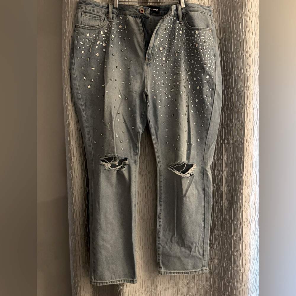 Fashion Nova Diamond studded straight leg jeans.